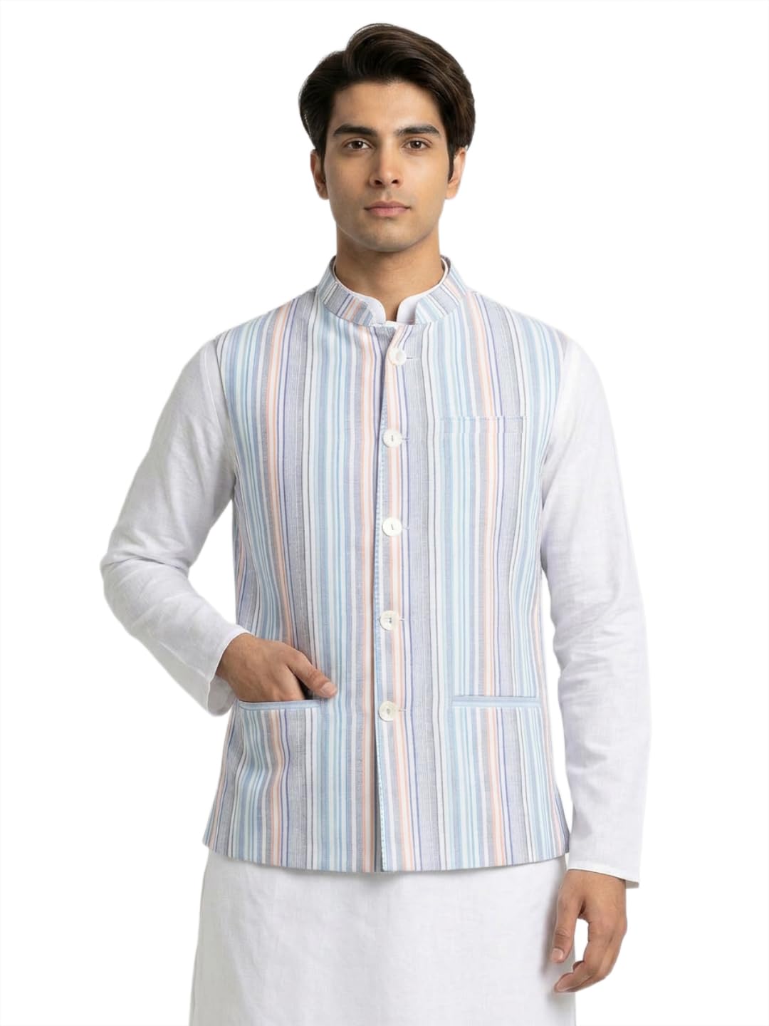 Men Regular Fit Print Pattern Pure Cotton Mandarin Collar Sleeveless Festive Bundi-picture-46