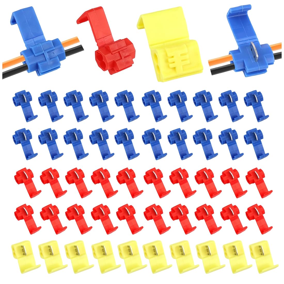 50 Pezzi Connettori Elettrici Rapidi, Set di Rubacorrente per Auto e Moto, Morsetti Elettrici Rapidi, Connettori a Scatto (Rosso, Blu, Giallo)