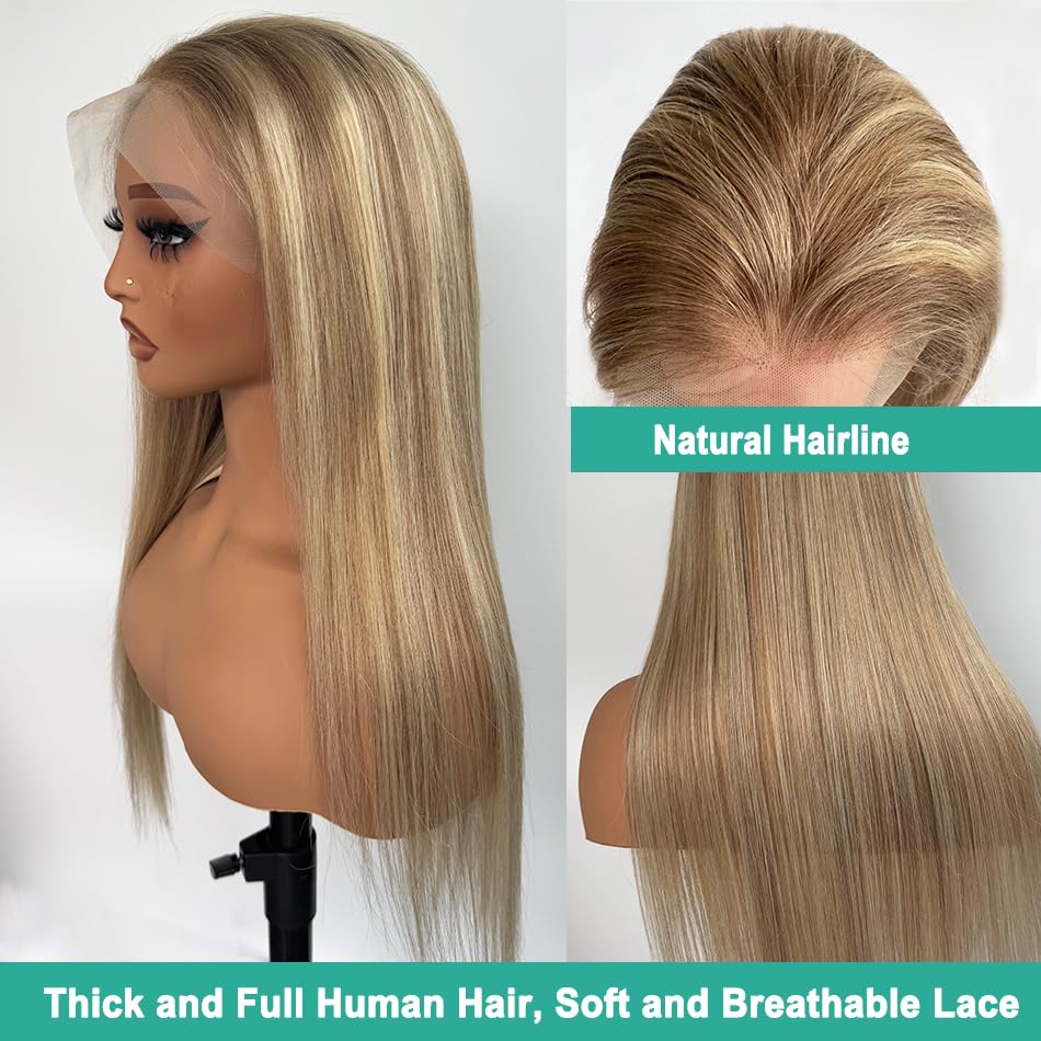 Image of Munx 13x6 Ash Blonde Human Hair Wigs for Women Pre Plucked Ombre Highlight Light Brown and Ash Blonde Straight Lace Wig Bleach Knots with Baby Hair 28 Inch