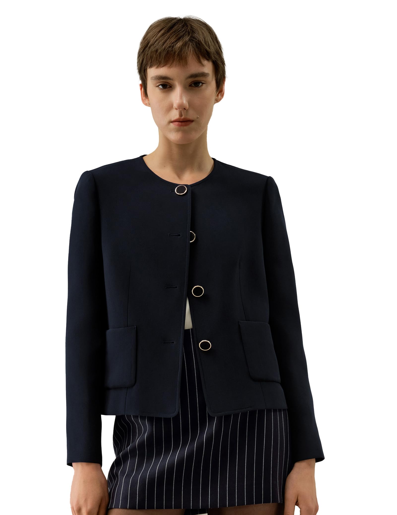 LilySilk Silk Double Joe Boxy Jacket Padded Shoulder for Women Long Sleeve Round Neck Patch Pockets