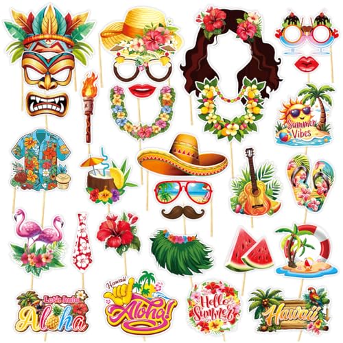 Hawaiian Party Photo Booth Props Kit - 30 PCS Tropical Glasses, A...