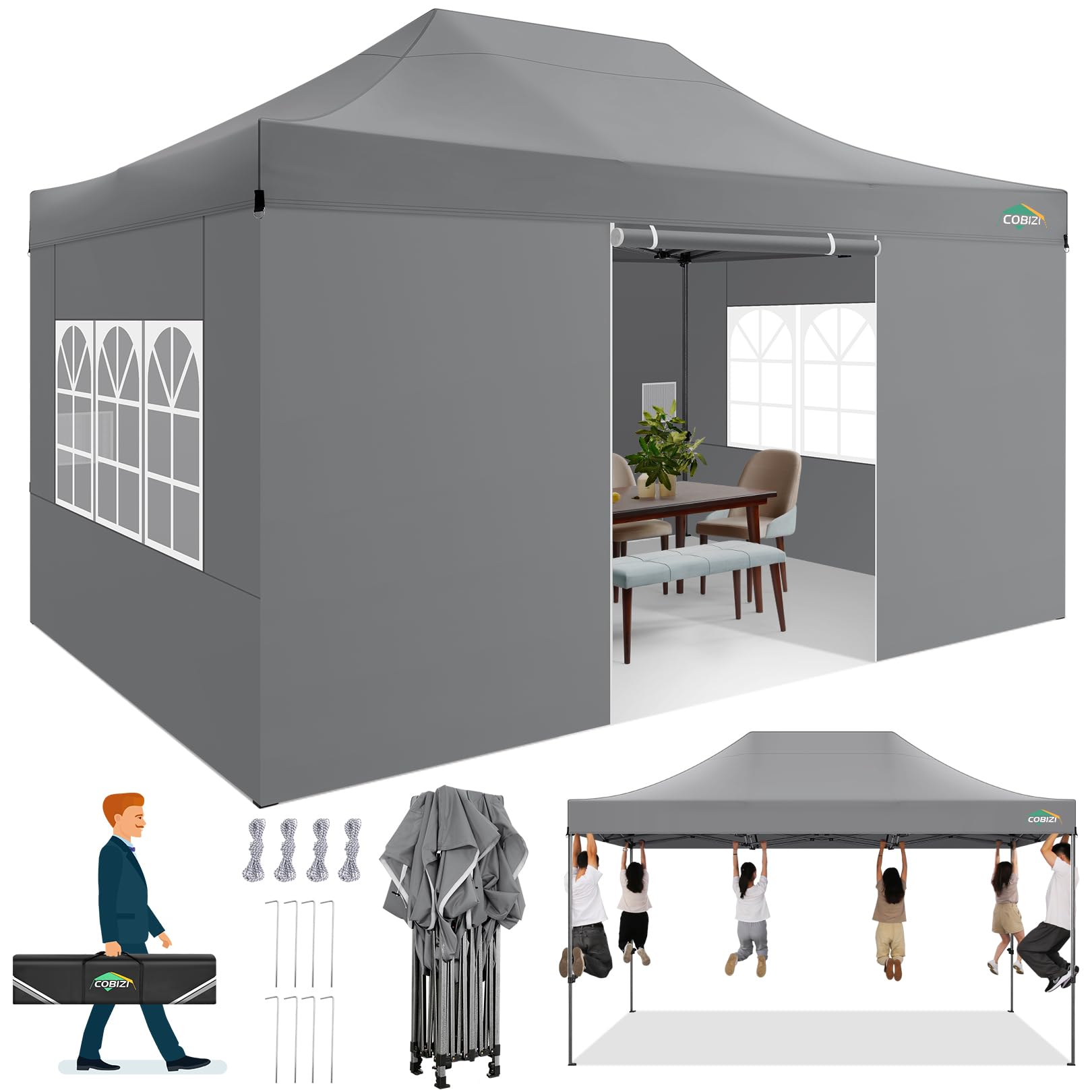 COBIZI 10x15 FT Heavy Duty Pop up Canopy with 4 Removable Sidewalls, Easy up Gazebo High Stability, All Weather Sunshade 100% Waterproof Outdoor Canopy Tents with Carry Bag, Gray, Similar*