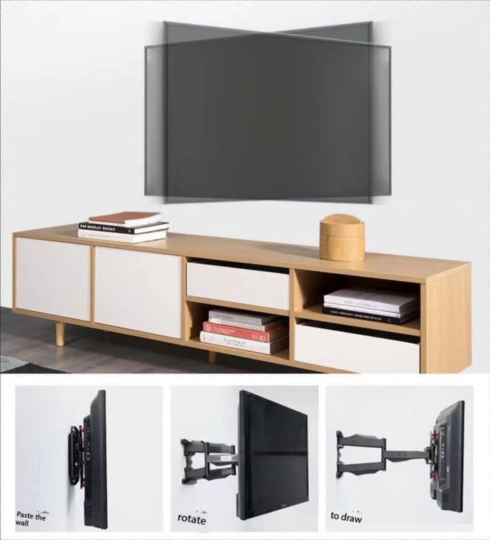 Soporte de TV resistente, soporte giratorio telescópico de doble brazo con línea de haz oculta y ajuste de ángulo de paso, se adapta a varios tamaños de TV