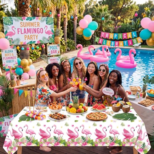 Image of Ganeen 3 Pcs Summer Flamingo Tablecloth Party Decorations, Hawaiian Tropical Plastic Table Cloth, Disposable Luau Table Cover Rectangle for Flamingo Birthday Party Decoration Supplies, 54 x 108 Inch