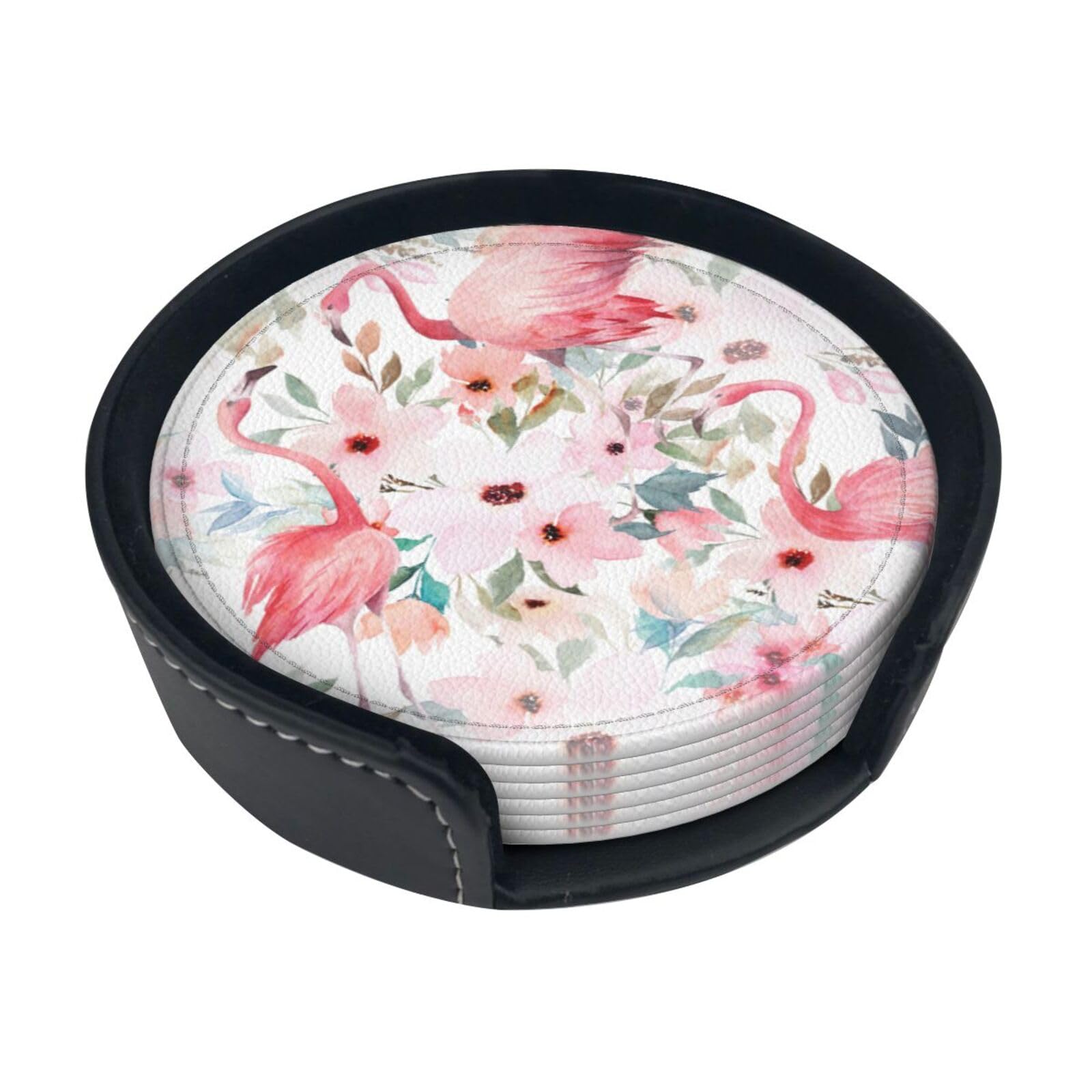 Floral With Flamingo Print Round Coasters Set Of 6,Coaster For Tabletop Protection Home Bar Decor