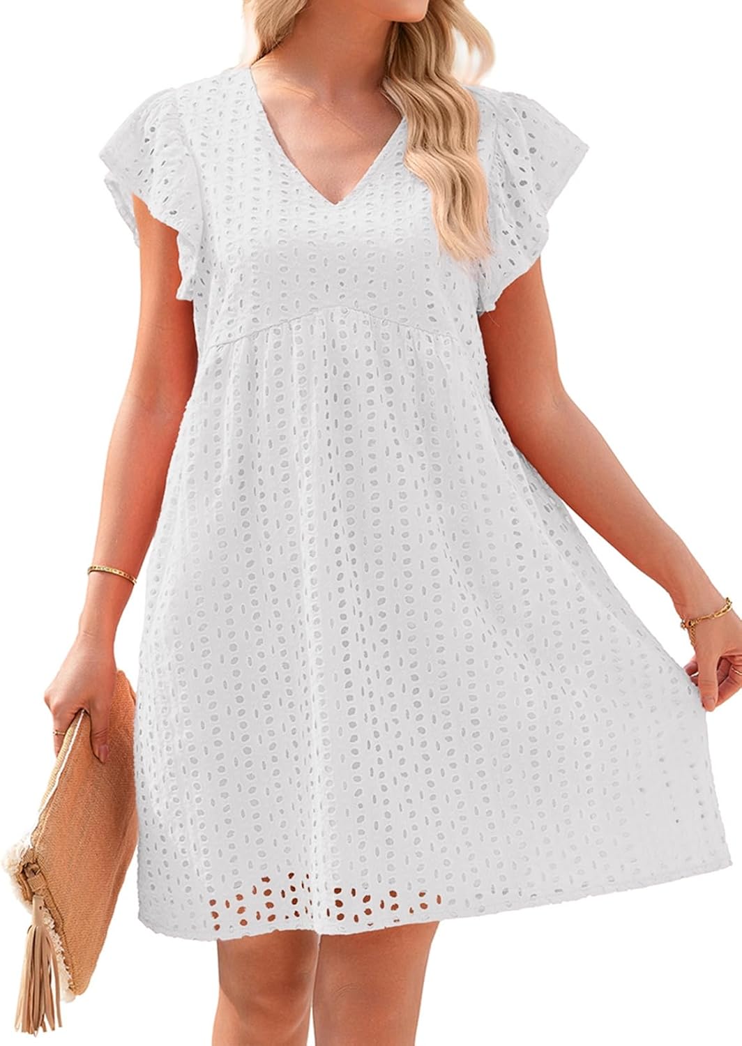 Dokotoo Womens Summer Dresses V Neck Ruffle Sleeve Cut-Out Embroidery Eyelet Lace Dress