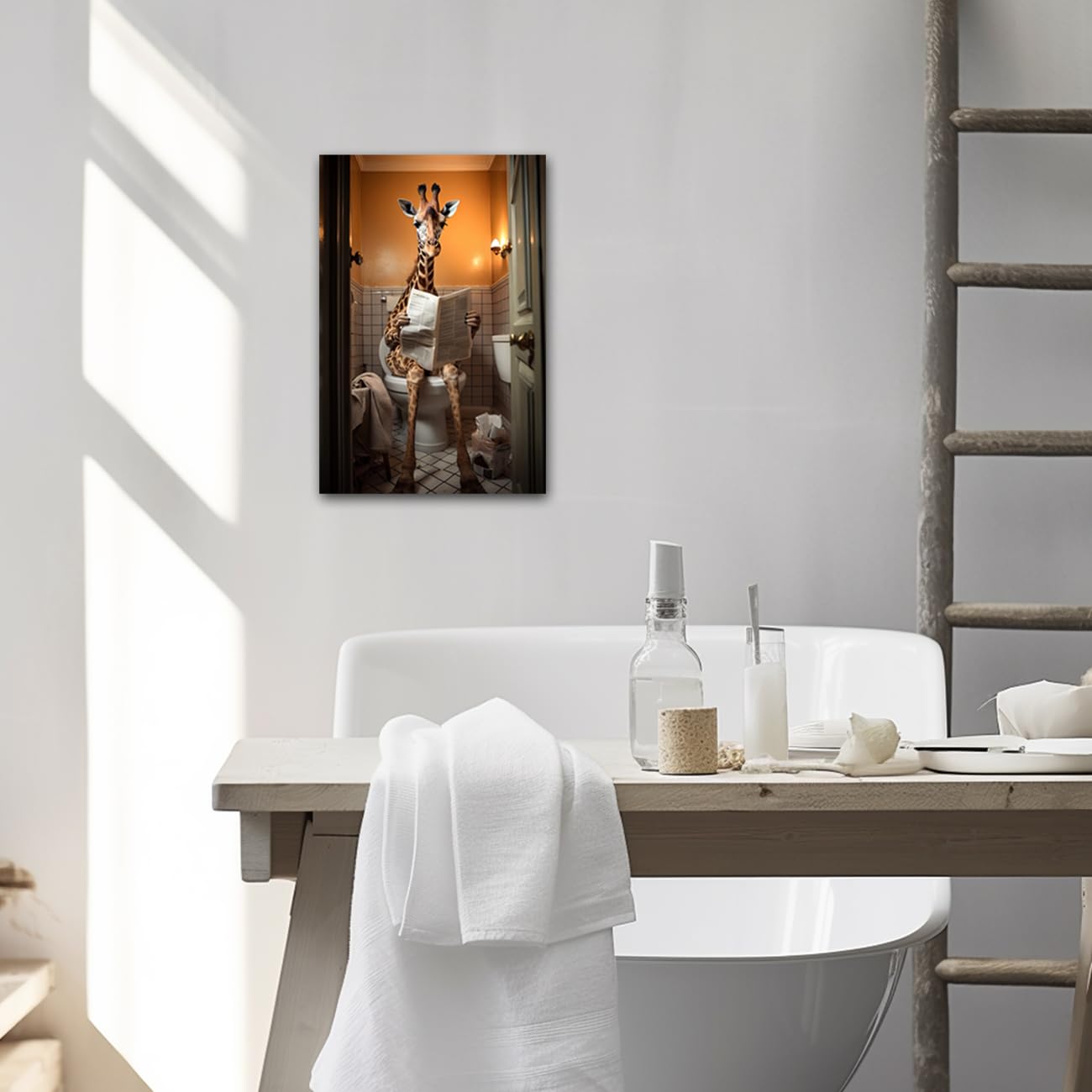 CXHOSTENT Bathroom Wall Decor Giraffe Sitting on Toilet Reading Newspaper Canvas Prints Funny Animal Bathroom Picture for Restroom Baby Room Decor (A-2 - Image 4