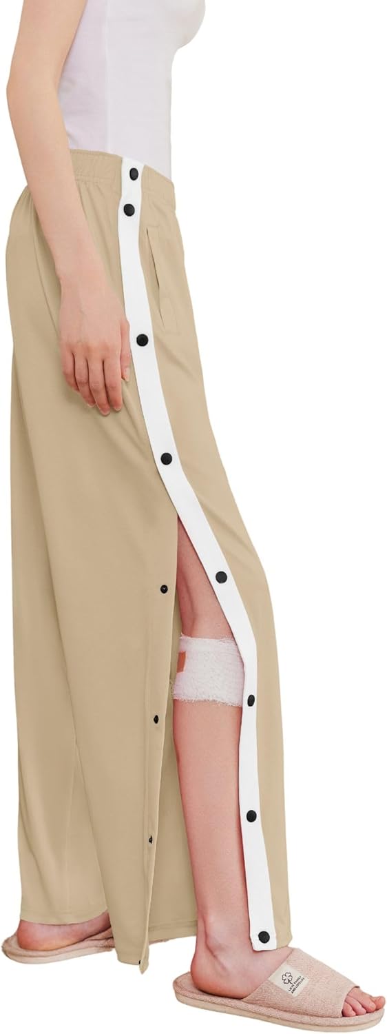 Deyeek Women's Tear Away Pants Side Split Snap Open Bottom Sweatpants Leg Breakaway Post Surgery Pants with Pockets