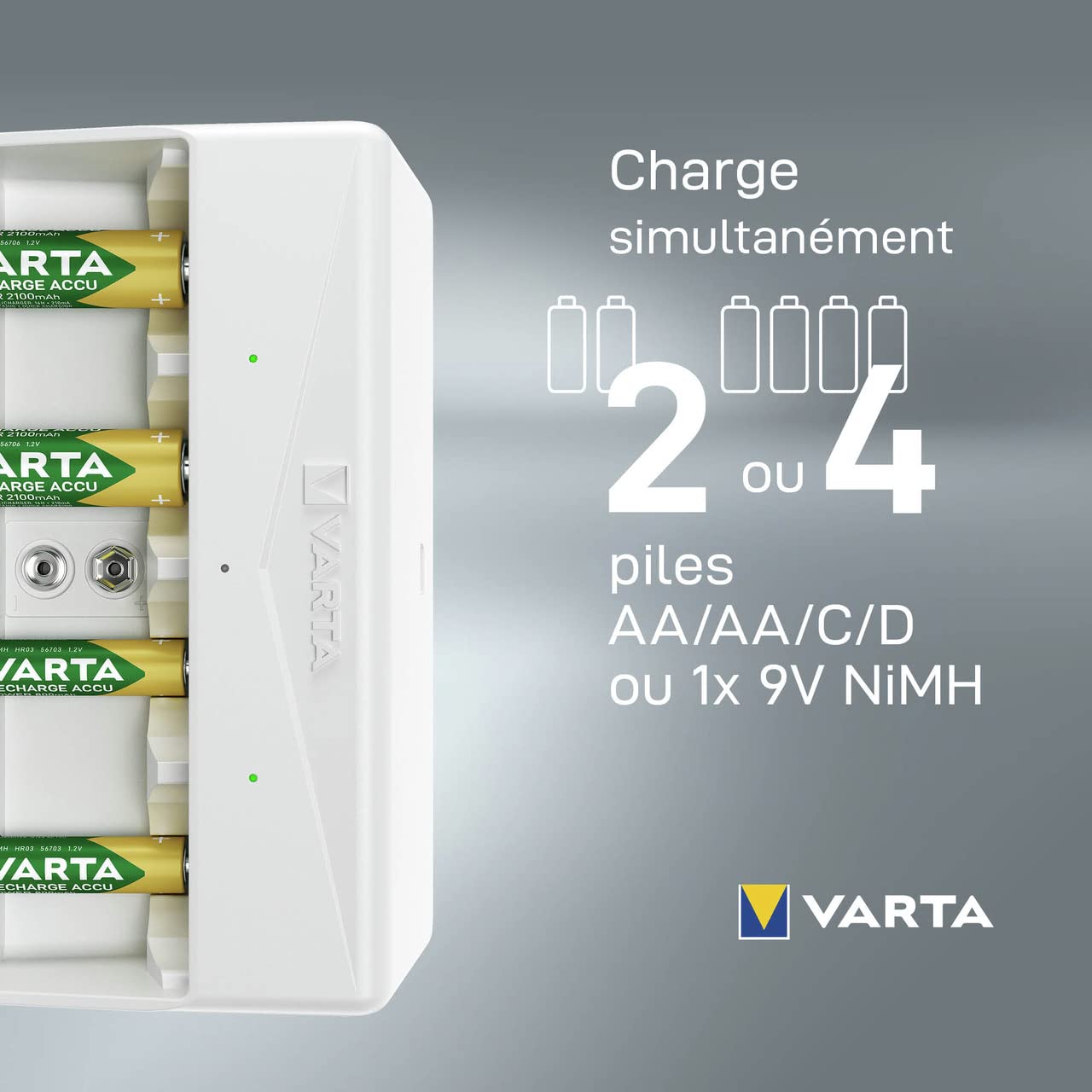 VARTA Chargeur de Piles, chargeur pour piles rechargeables, charge 2 ou 4 AA, AAA, C, D ou 1x 9V simultanément, Universal Charger, non équipé, avec arrêt de sécurité