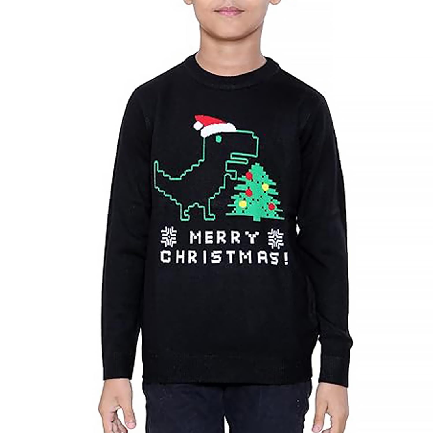 NOROZE Boys Girls Unisex Children Kids Merry Christmas Dinosaur Tree Hat Reindeer Snowflake Pom Polar Bear Dino Roar Mas Knitted Novelty Ugly Xmas Jumpers Sweater (13 Years, Dinosaur Hat Black)