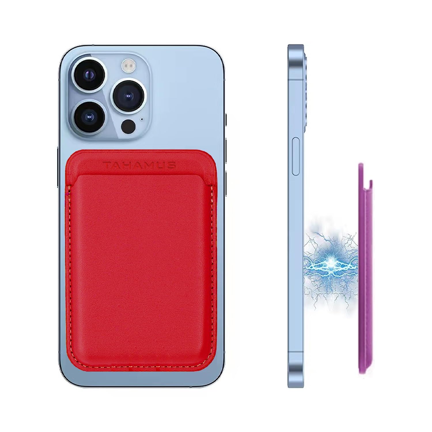 Strongest Magnetic Card Holder for Phone – Slim Mag Safe Wallet for iPhone 12,13,14,15,16 Pro Max – Solid Pattern Soft Leather Apple Wallet for Men & Women with Magnet, (Red)-image-2