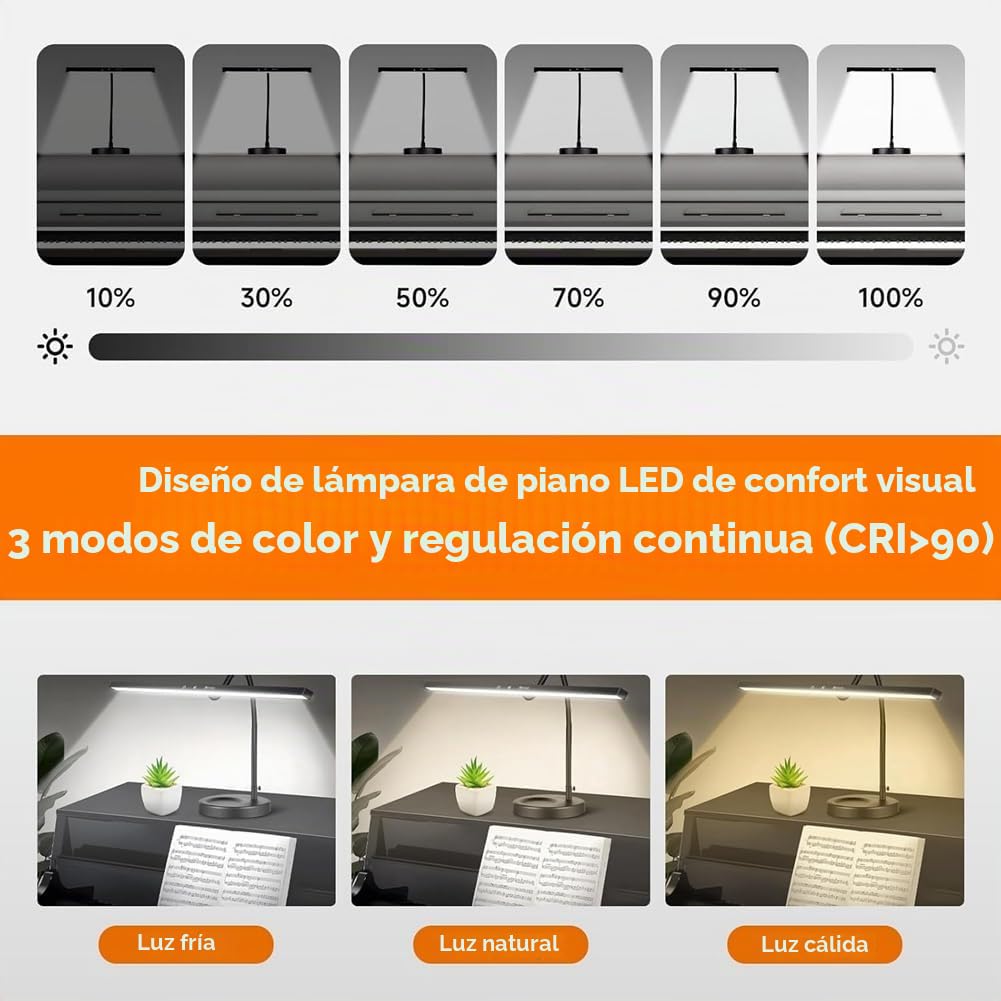 Lámpara de Piano LED Regulable, 2 en 1, con Base de Abrazadera, Cuello de Cisne Flexible, 3 Modos de Color, Ajustable y Enchufe de la UE.