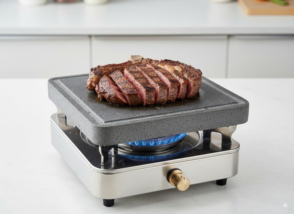 Piedra Volcánica PIEDRASAR para Asar Carne a la Piedra - Apta para barbacoa, fuego directo y horno- Con surco antigoteo y medida de 30x25x3