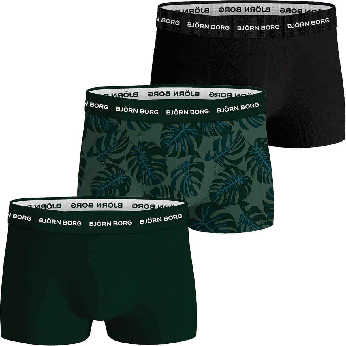Björn Borg Men's Black, Green, Print Cotton Stretch Trunks 3-Pack – Soft Breathable Underwear With Logo Waistband (Uk, Alpha, Xxl, Regular, Regular, )