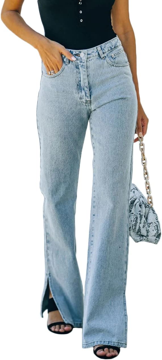 Womens Mid Rise Split Hem Bootcut Jeans Baggy Wide Leg Flare Denim Pants Blue/Black S-XXL