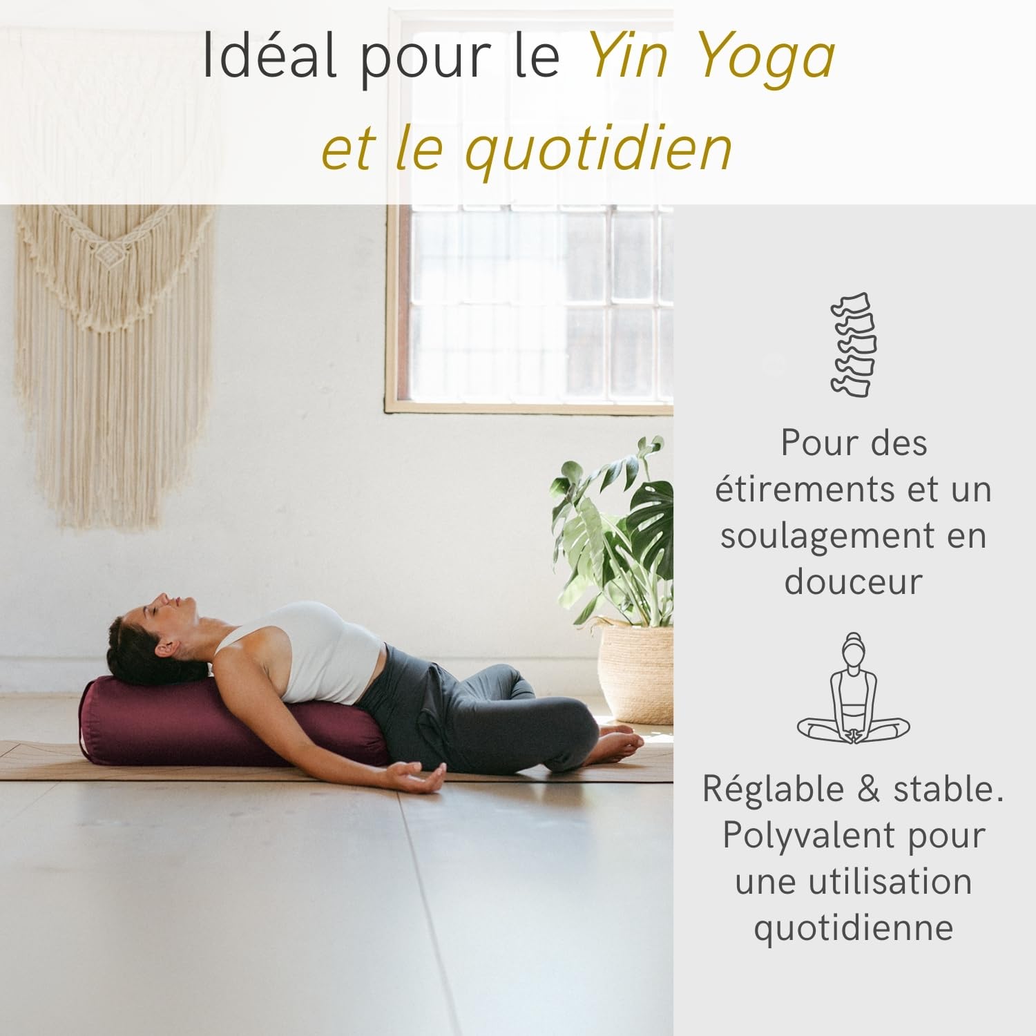 LOTUSCRAFTS Rouleau de yoga pour Yin Yoga, certifié GOTS, rouleau de avec rembourrage en épeautre, housse en coton lavable, bolster, coussin yoga, pilates