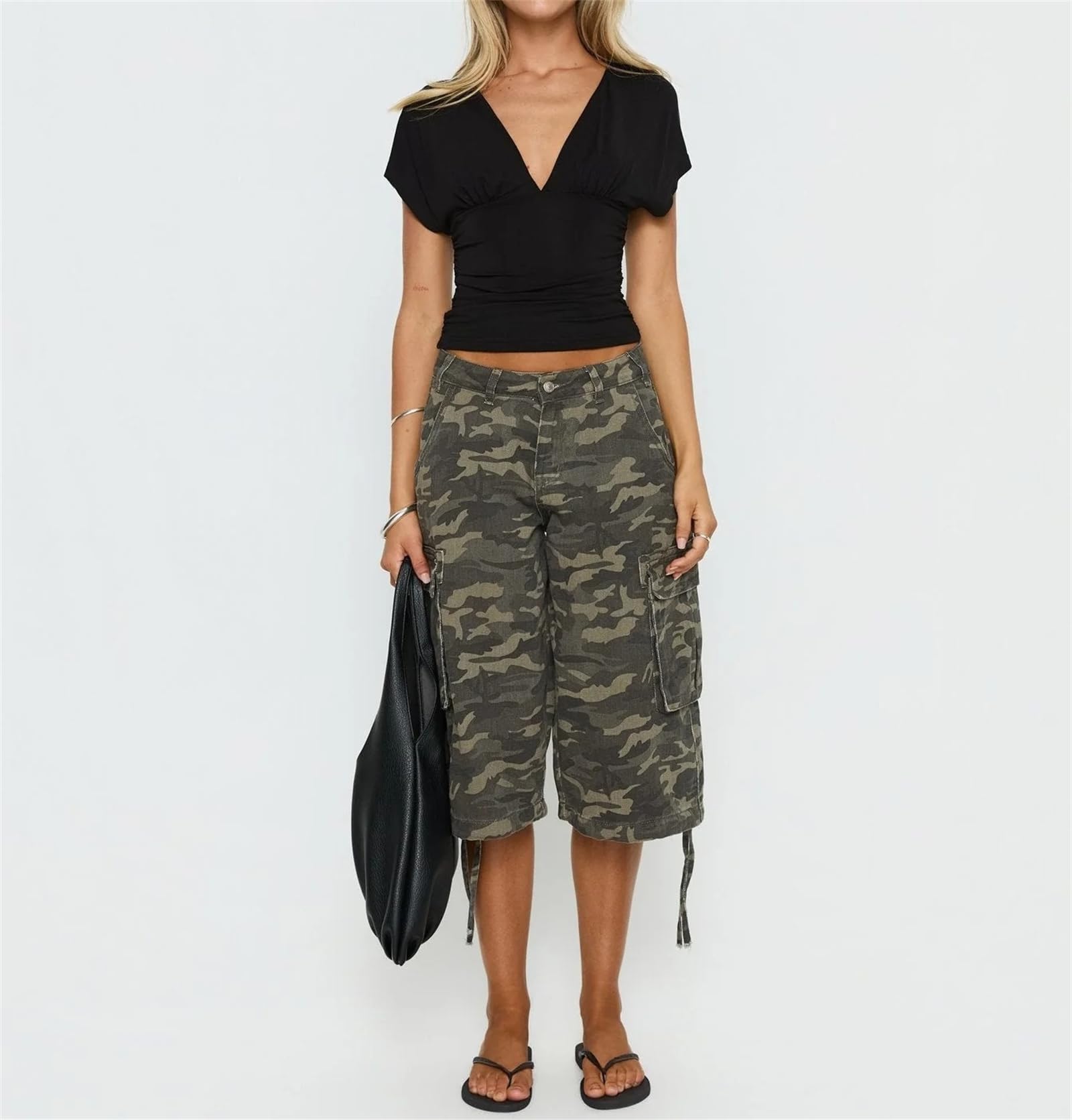 Pantaloncini Cargo in Denim Stile Y2K da Donna | Shorts in denim a vita bassa, stile casual hip-hop con coulisse, ideali per uscire o per un look streetwear; dotati di tasche