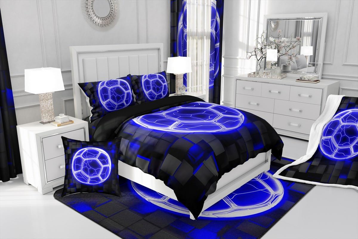 jejeloiu Blue and Black Decor Pillowcase Kids Soccer Throw Pillow Covers 22"x22" Set of 2 Soft Rugby Sports Indoor Outdoor for Room Decor Soccer Ball Game Cushion Case