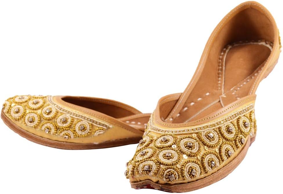 Womens flats Indian Ethnic Embroidered Jutti Mojari Ballet Flats Traditional Golden Pump Shoes for Women