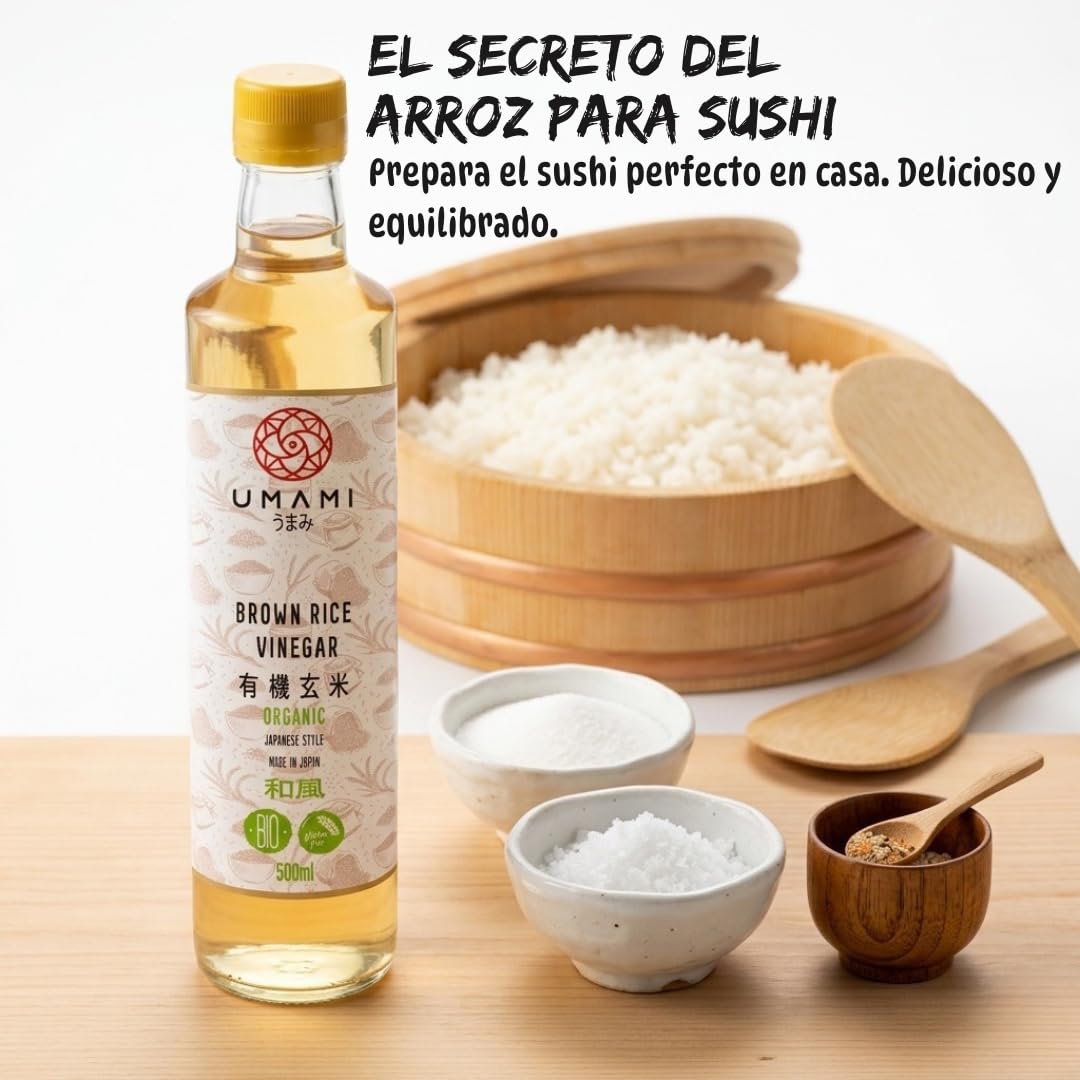Umami Vinagre de Arroz Integral BIO 500ml - Fabricado en Japón - Fermentación Natural - Ideal para Sushi, Macrobiótica y Aliños - Metodo Premium