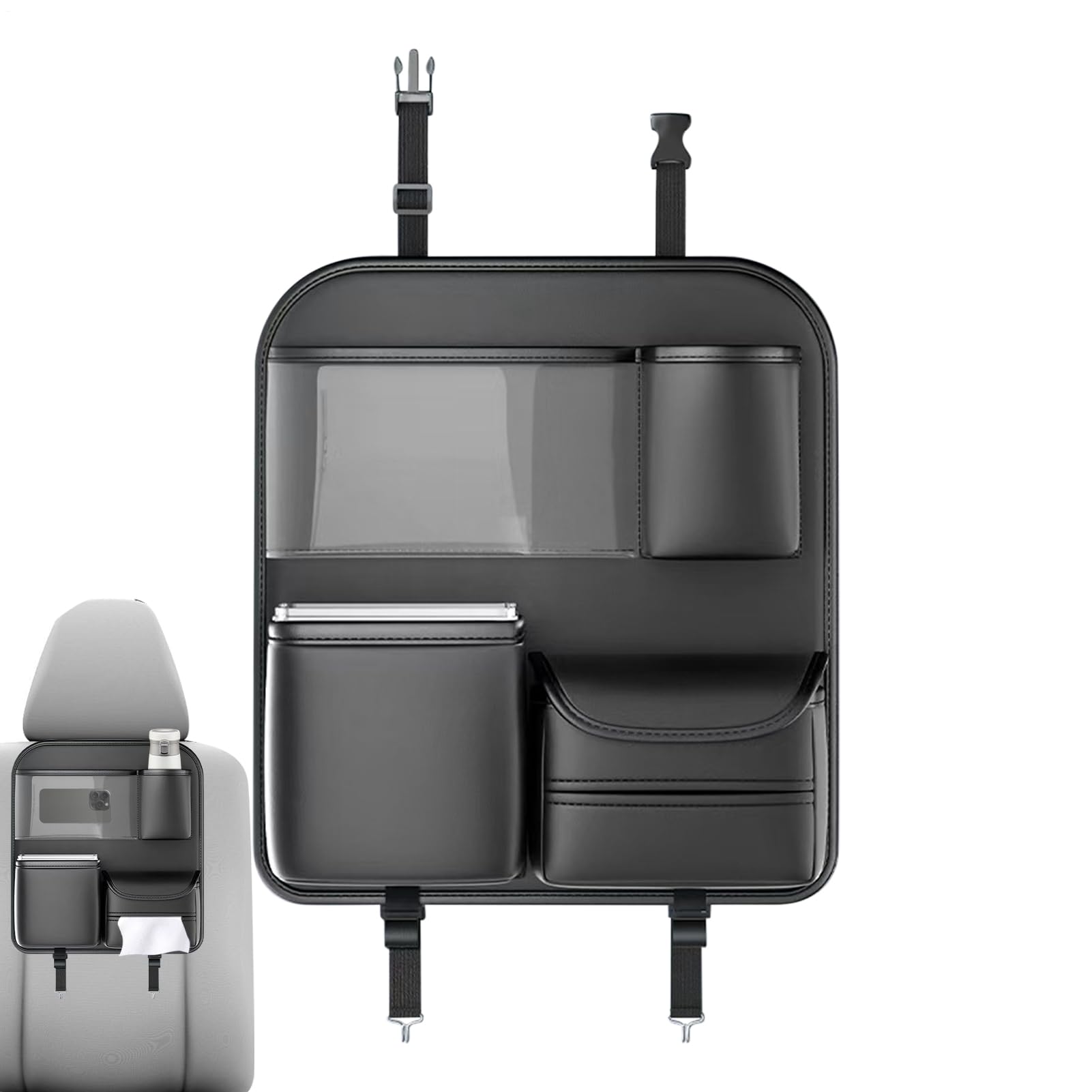 Organisateur de siège arrière de voiture avec porte-téléphone tactile en tissu noir Oxford