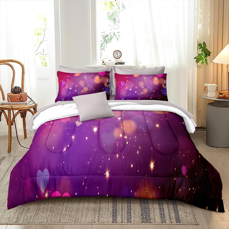 Valentine Comforter Set Purple Bokhen Bedding Set with 1 Comforter and 2 Pillow Covers for Bedroom Dormroom All Season Queen 90x90inches