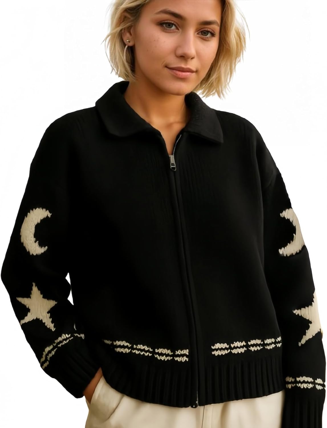Star Cardigans for Women Knit Button Up Sweater Coat Open Front Cardigan Zip Up Long Sleeve Streetwear with Pocket