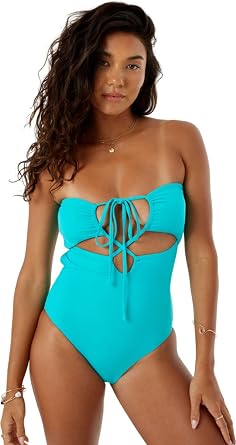 Roxy Womens One Piece Lattice Front Swimsuit Slimming Tummy Control Bathing Suit, Quick-Dry Fabric, Removable Cups