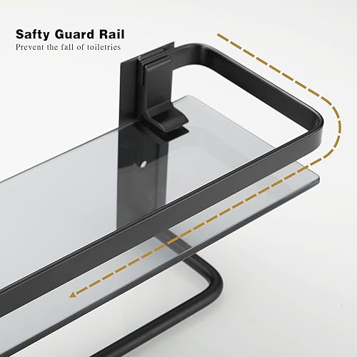 Miniatura 7 de VOLPONE Estante de vidrio para baño de 15.7 pulgadas, estantes de baño negros, estantes de vidrio templado montados en la pared con 4 ganchos