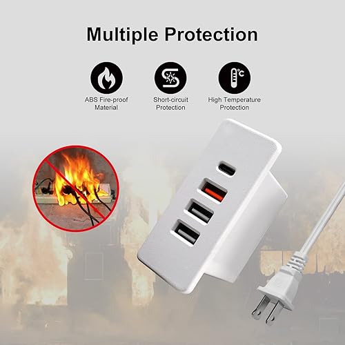 Miniatura 5 de Enchufe USB C con enchufe empotrado USB C Power Strip Outlet con carga rápida 4 puertos USB 20W montado en la cama escritorio mesa sofá (blanco)