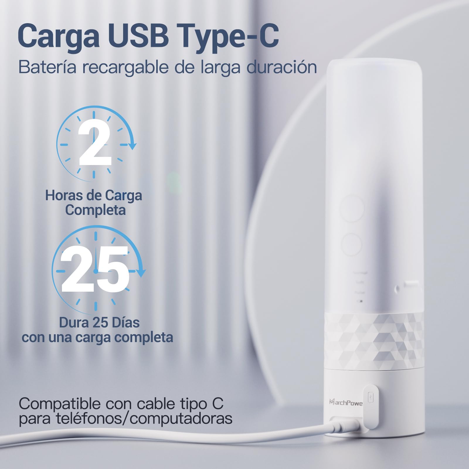 Marchpower Cepillo de Dientes Eléctrico con Irrigador, 2 En 1 Irrigador Dental Portatil con 10 Modos 3 Cepillos Dupont, IPX7 Impermeable 110ML USB-C Recargable, Para el Hogar y los Viajes(Blanco)
