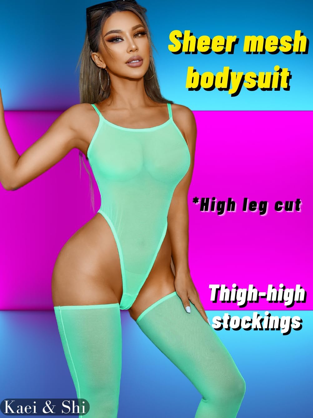 Kaei&Shi High Cut Bodysuit & Thigh High,Sheer Mesh Spaghetti Strap Sexy Tops Women,Low Back Snap Body Suit Rave Festival Club - Image 2