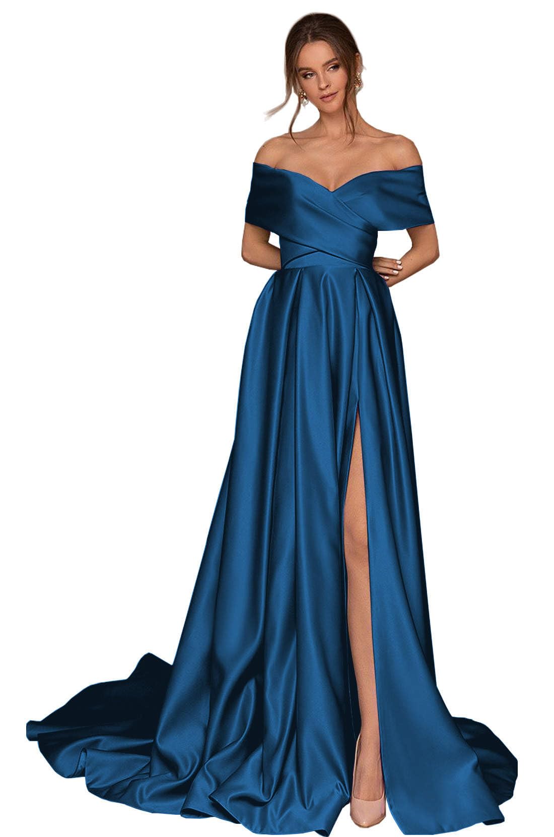 BONOYUER Off the Shoulder Satin Prom Dress with Slit Pockets A Line Formal Evening Gown for Women