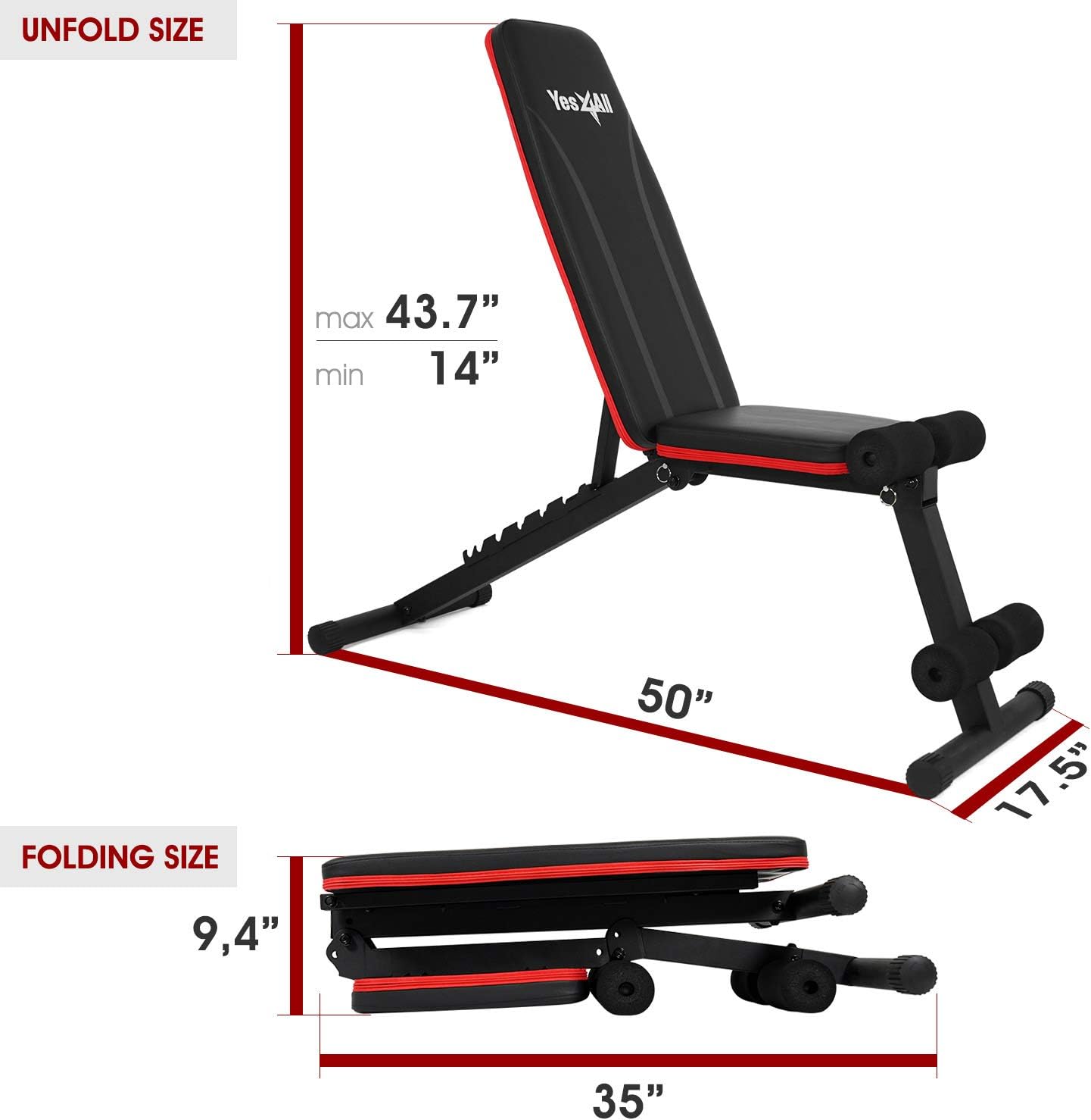 Diagram showing the Yes4All Adjustable Weight Bench in its unfolded state with dimensions and its folded state with dimensions
