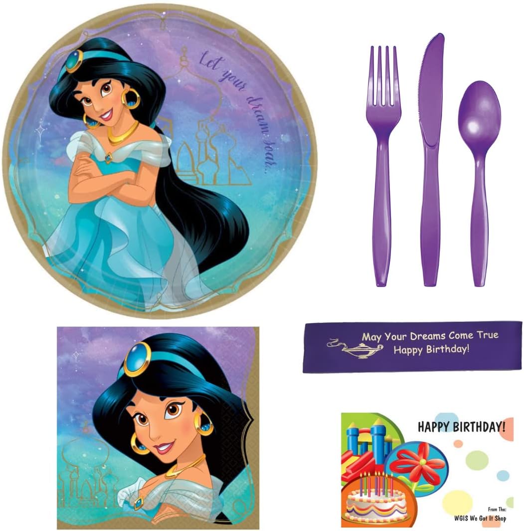 WGIS We Got It Shop Amscan Aladdin's Princess Jasmine Party Supplies Bundle Including Plates, Napkins, Utensils, and Printed Ribbon