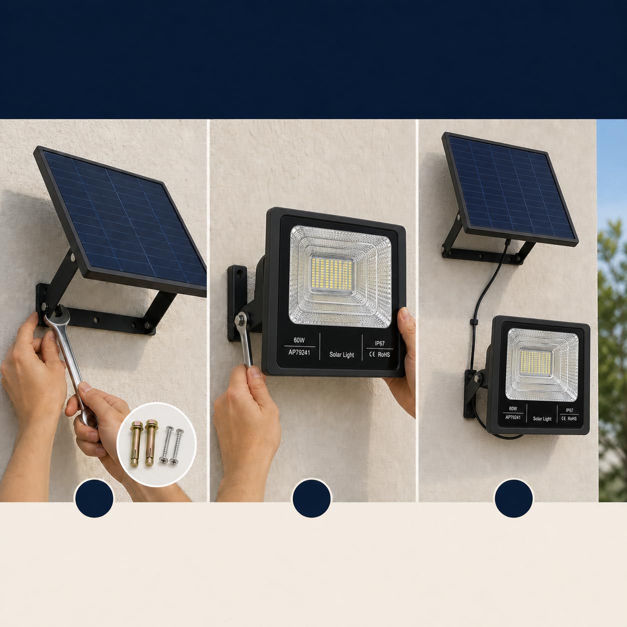 Faretto LED Solare Esterno con Pannello Solare | Luce Bianca 6500KTelecomando con Timer 4H/8H, Energia Solare, Uso Esterno, Pannello Incluso
