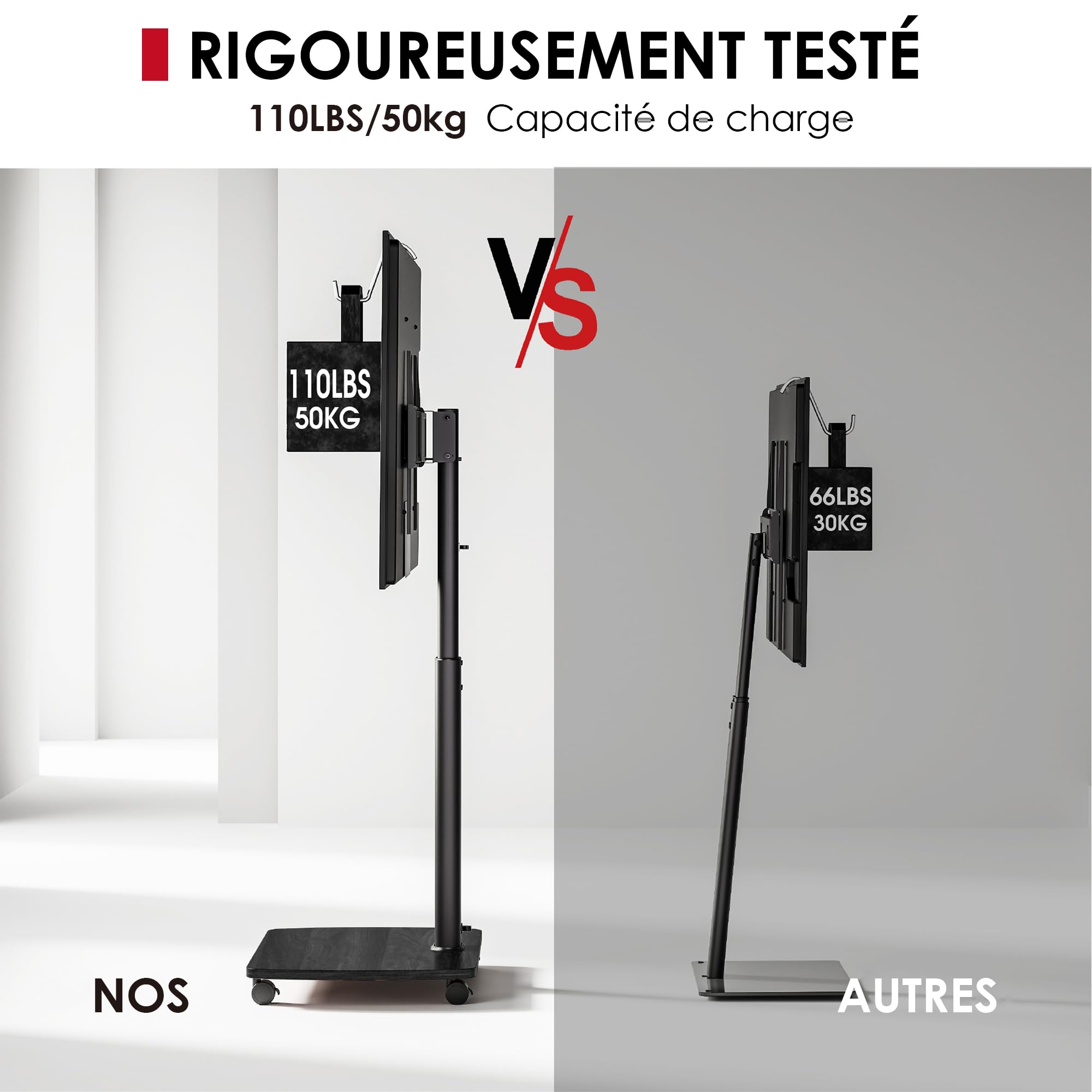 AOKCOS Support TV roulettes pour TV de 43-75 Pouces - Support TV sur Pied Plus Haut 1306 MM-1626 MM Pivotant 50° Inclinaison 12° jusqu'à 50 KG Max. VESA 600x400mm