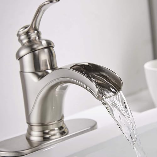 Miniatura 6 de Grifo de baño de níquel cepillado, lavabo de cascada, lavabo de un solo agujero, 1 manija montada en la cubierta con acabado de cepillo mezclador