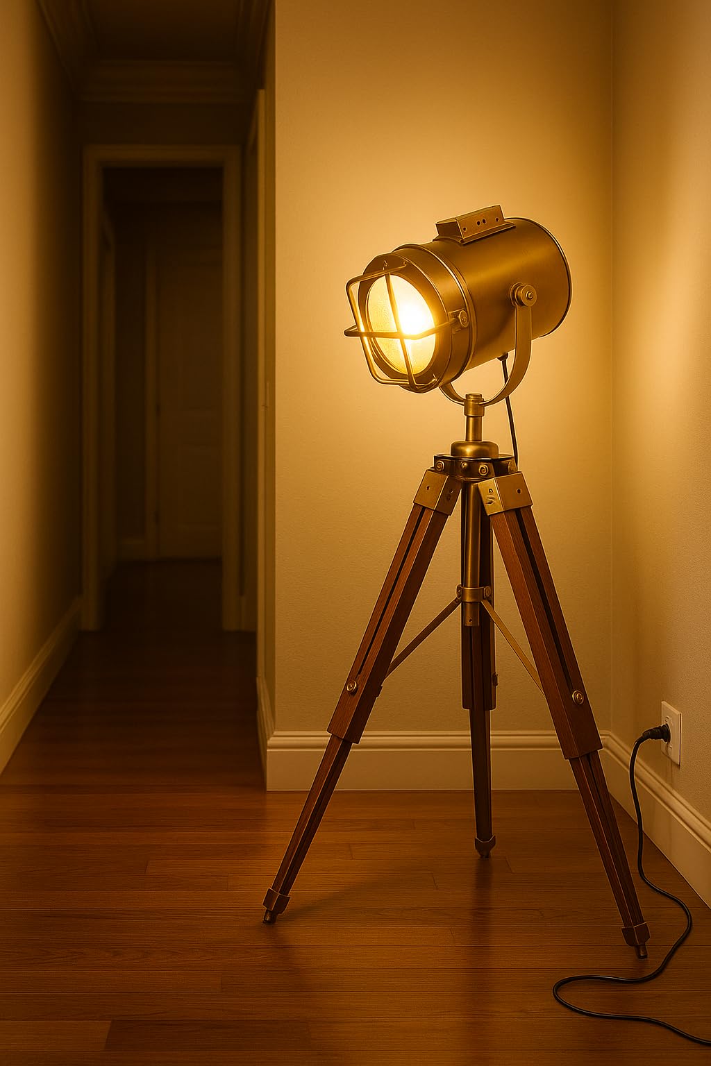 Vintage Tripod Floor Lamp, Industrial Spotlight Design, Brass Metal Shade with Wooden Legs, Adjustable Height, Warm Ambient Lighting for Living Room, Home Decor-picture-18