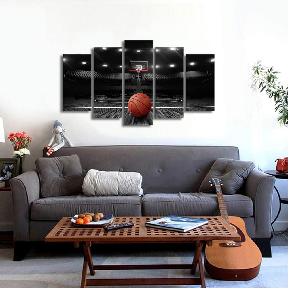 Derkymo 5 Pieces Basketball Court Pictures for Bedroom Black and White Canvas Wall Art Sports Painting Prints Artwork for Living Room Boys Room Stretched and Framed Ready to Hang 24"x40"(5 Pieces) - Image 2
