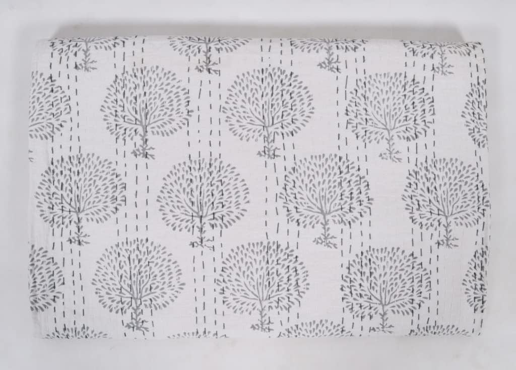 Hand Block Print Kantha Quilt, Cotton Kantha Bed Cover, Indian Kantha Quilt, Queen Kantha Bedspread, Handmade Kantha Coverlet Kantha Blanket (Gray)