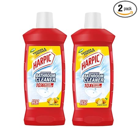 Harpic Bathroom Cleaner Liquid, Lemon - 1 Litre (Pack of 2) | New Thicker Bathroom Floor Cleaner | Red Harpic Bottle