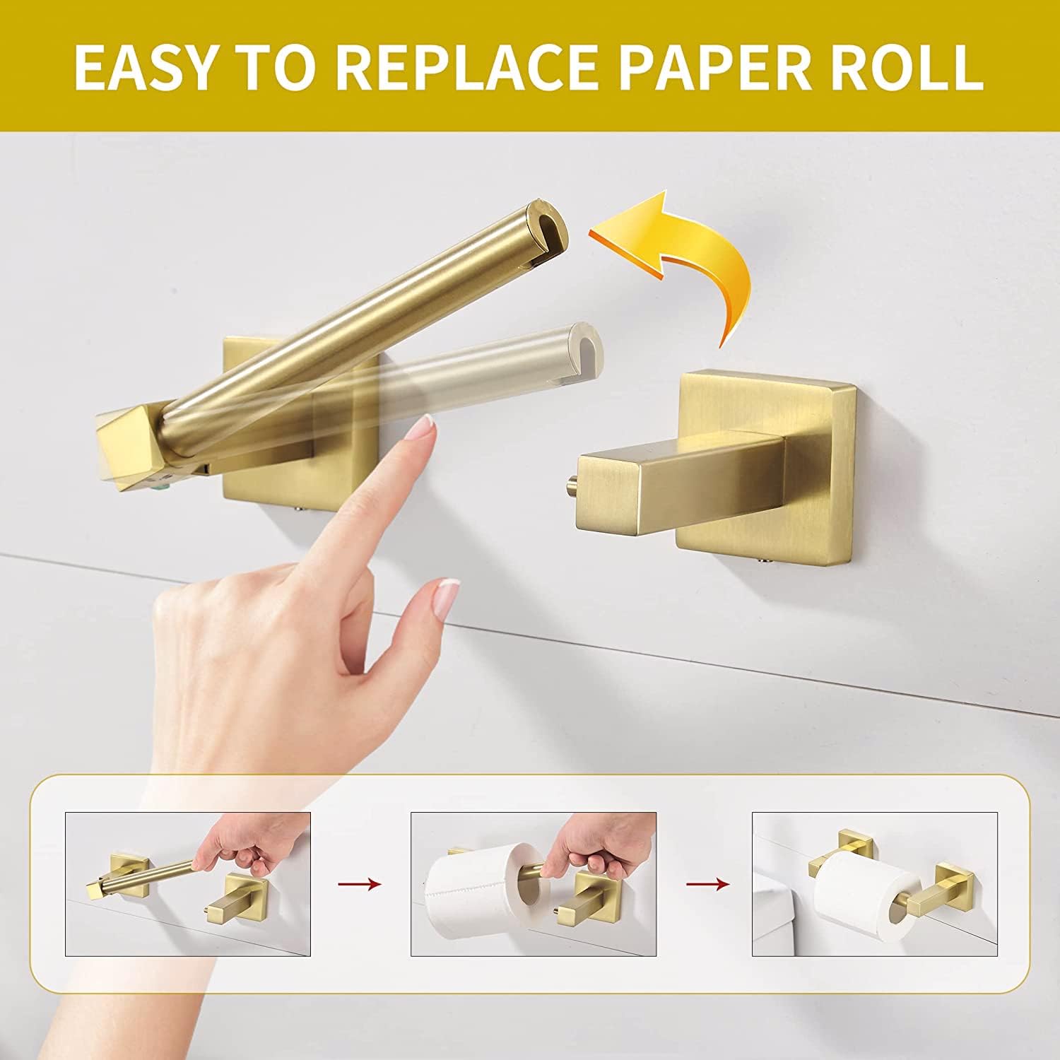 WOLIBEER Gold Toilet Paper Holder Hand Towel Holder, Brushed Brass Toilet Roll Holder Towel Ring, Modern Bathroom Hardware Set Stainless Steel Wall Mounted 2 Pieces