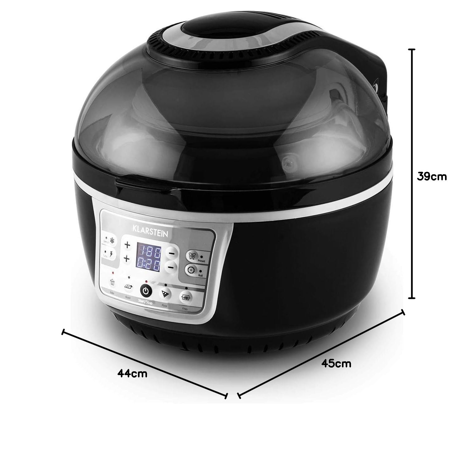 Klarstein VitAir Turbo Frytkownica beztłuszczowa - 1400 W frytkownica, Airfryer z komorą 10 litrów, 50 do 230 °C, Timer, Element halogenowo-podczerwony, Design kopułowy, czarno-szara