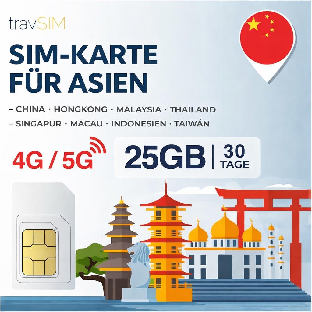 Asien SIM Karte travSIM | 30 Tage - 25GB | SIM Karte Asien, Nutzung in Macau, China, Hongkong, Malaysia, Thailand, Singapur & mehr | Zugang zu Google, Facebook, Whatsapp & mehr | Keine Roamingkosten