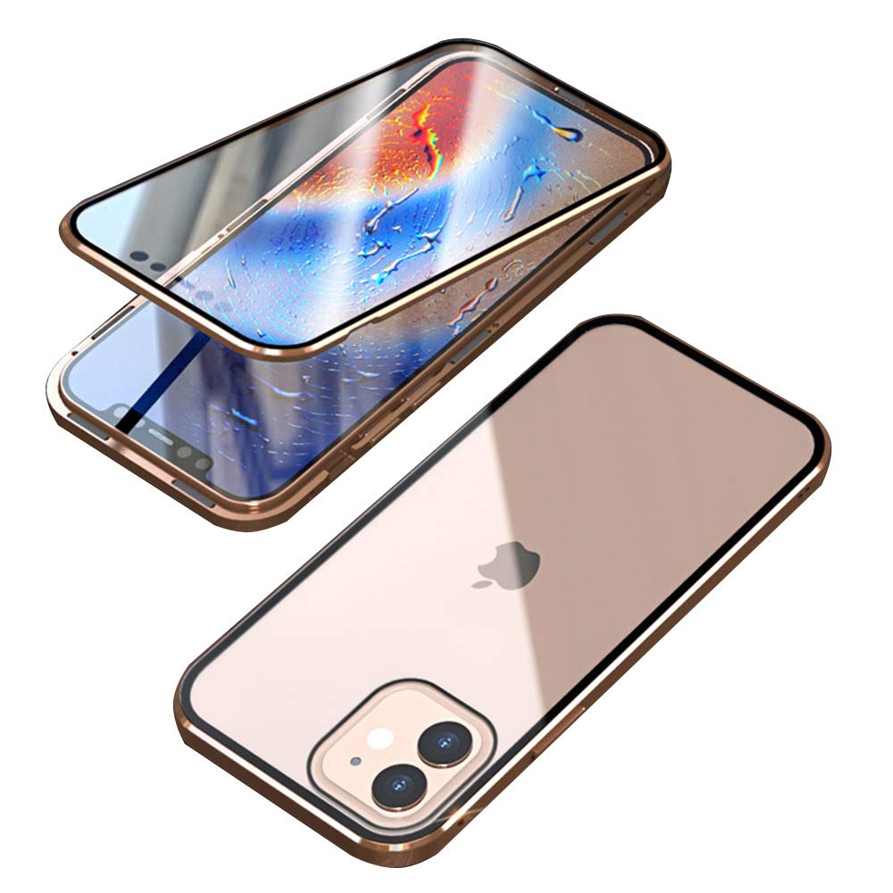 Glass Case for iPhone 12 Pro Max, Metal Frame Magnetic Adsorption Case Double-Sided 9H Tempered Glass Aluminum Shockproof Bumper 360 Protection Cover Anti-scratch Clear Case, Gold