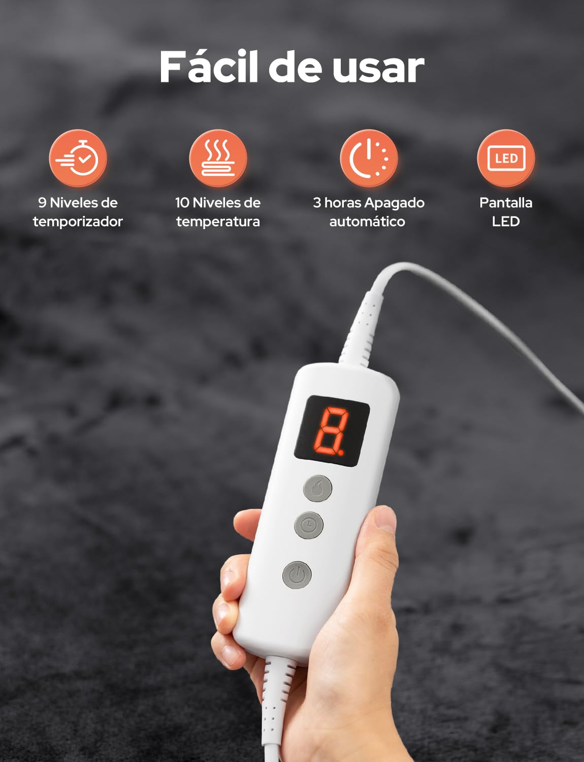 Manta Eléctrica 160x130cm Manta Calefactable 10 Temperaturas 9 Horas Configuraciones de Temporizador Calentamiento Rápido Lavable a Máquina Apagado Automático para Hogar Oficina Gris Oscuro