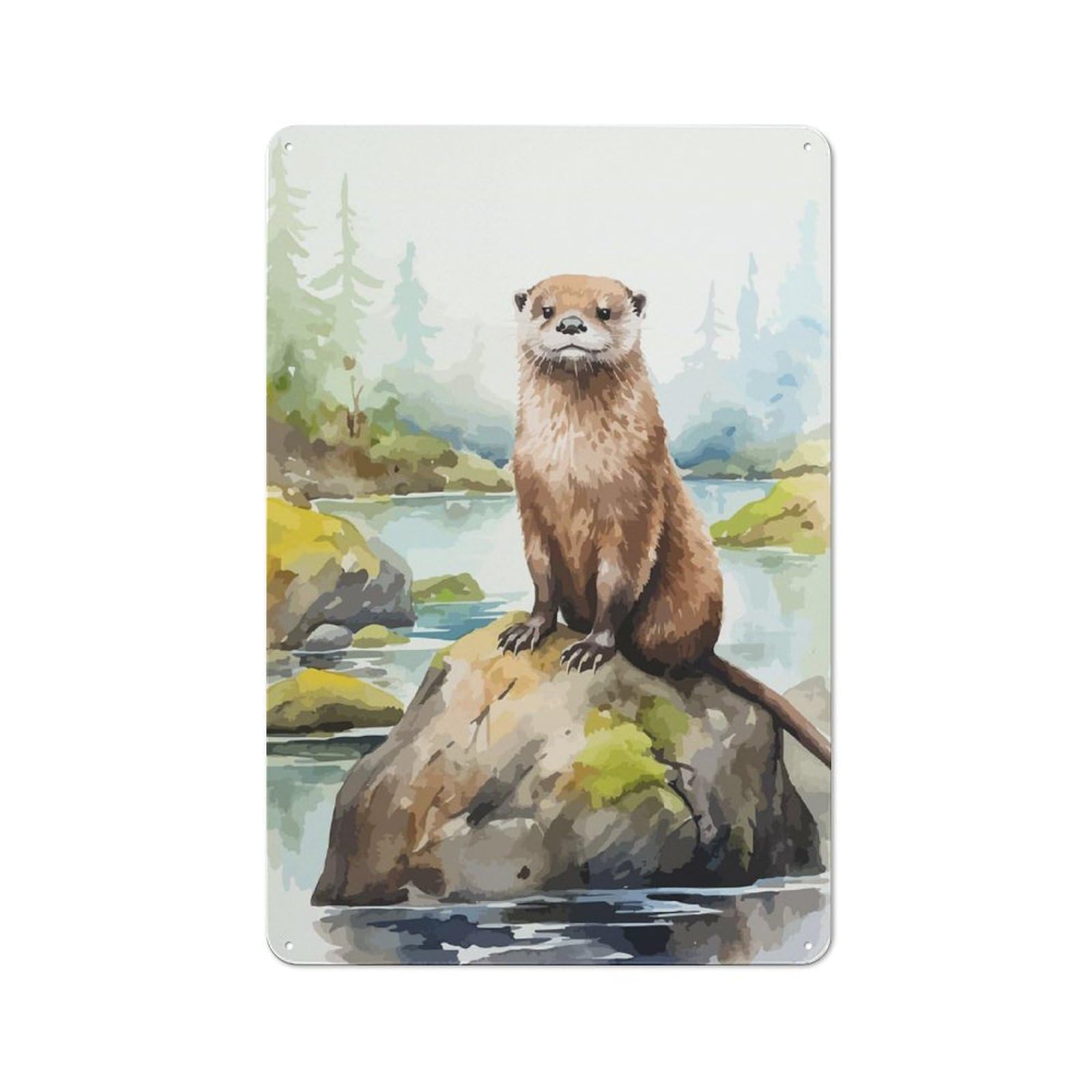 Urban Decorative Metal Plaque 30x20cm Featuring Otter Watercolor Art, Loft Wall Plaque for Loft, Studio, Office Or Creative Room
