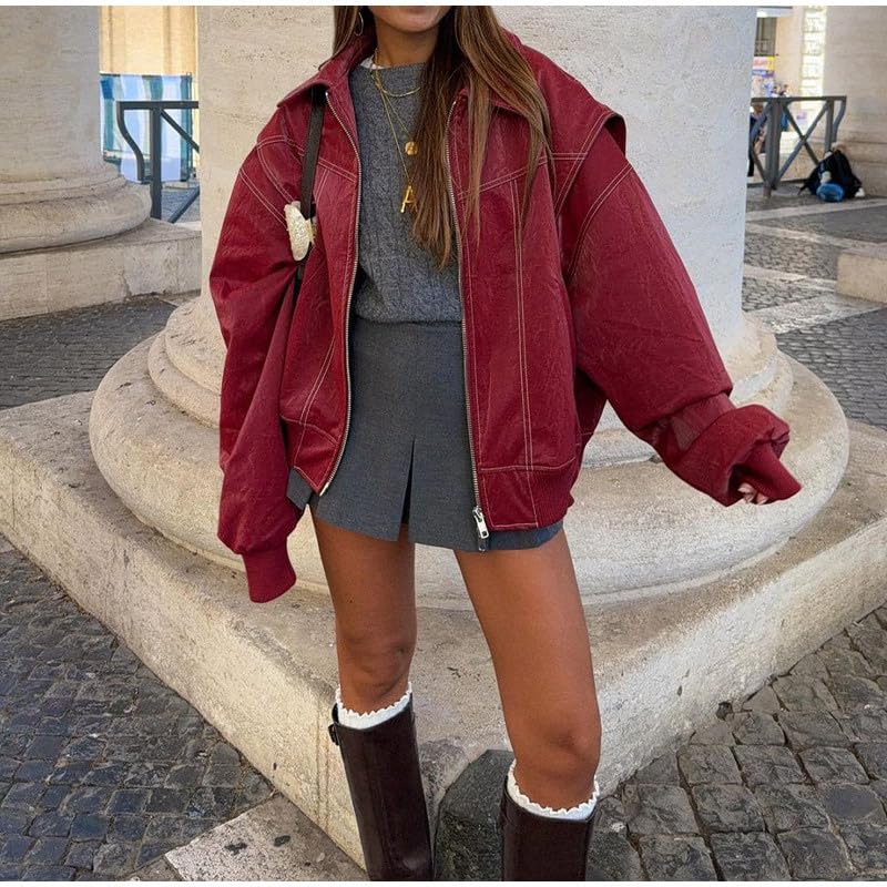 utcoco Women's Faux Leather Motorcycle Jacket Oversized Zip Up Winter Coat Outerwear 2025 Fall Fashion Clothes2
