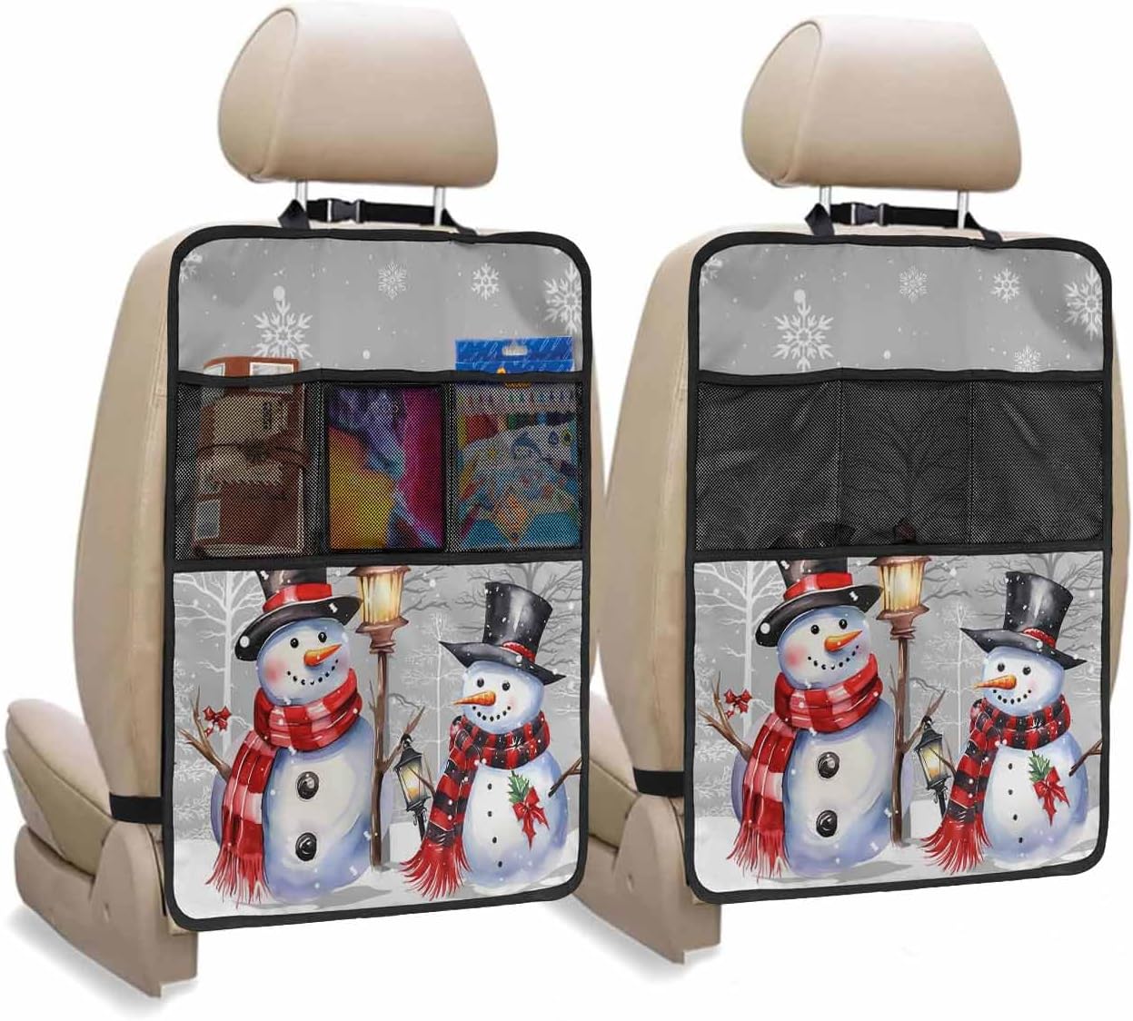 T&H XHome Car Seat Protector, 2 Pack Kick Mats with Organizer - 3 Pocket Storage, Winter Christmas Hat Snowman Elf Back Seat Cover for Kids Universal Fit Automotive Interior Protectors